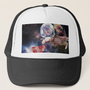 Astronaut cat hunting a pizza slice trucker hat