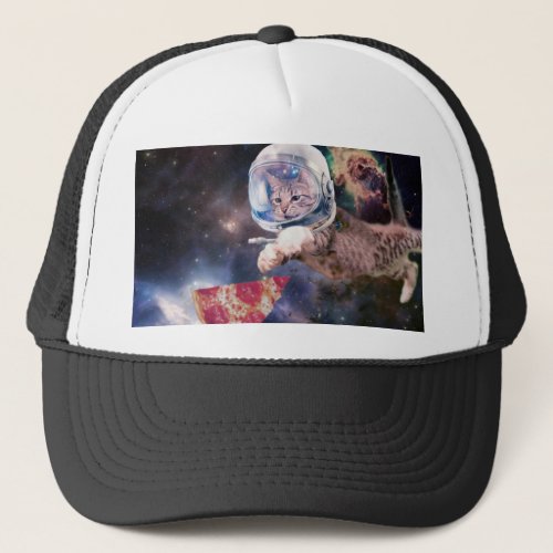 Astronaut cat hunting a pizza slice trucker hat