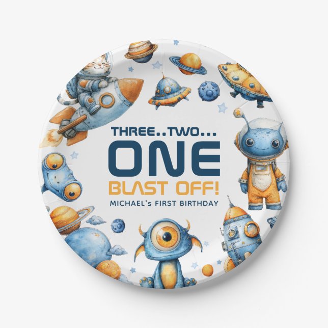 Astronaut Cat Outer Space Blast Off 1st Birthday  Paper Plates (Front)