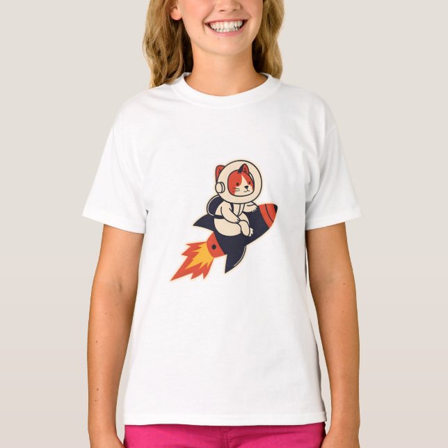 Astronaut Cat Riding Rocket – Cosmic Adventure Des T-Shirt (Front)