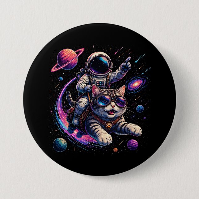 Astronaut cat riding through space button (Front)