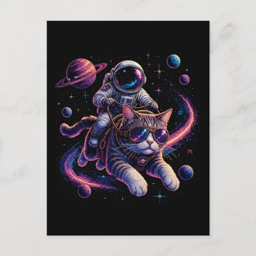 Astronaut cat riding through space postcard