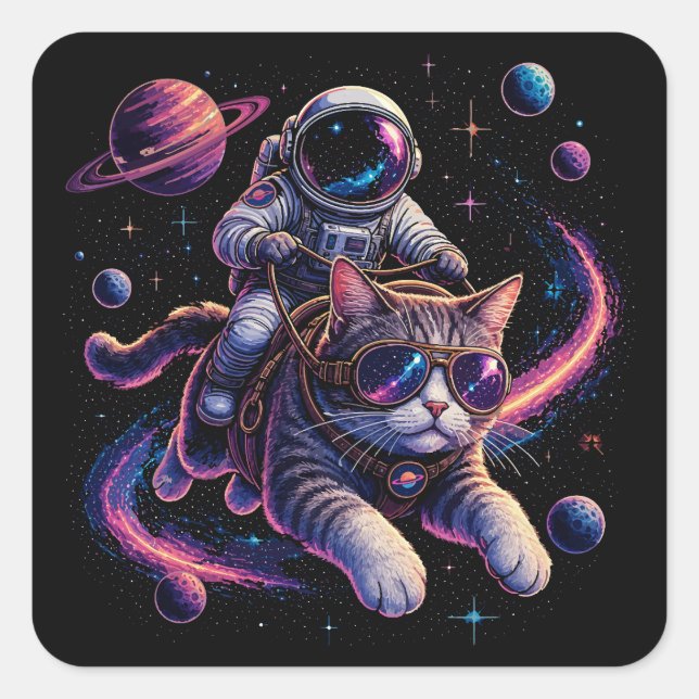 Astronaut cat riding through space square sticker (Front)