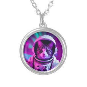 astronaut cat silver plated necklace