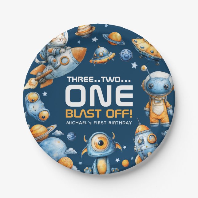 Astronaut Cat Space Rocket Blast Off 1st Birthday  Paper Plates (Front)