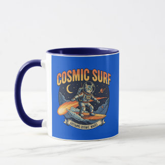 Astronaut Cat Surfing Comic Waves Mug