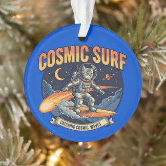 Astronaut Cat Surfing Comic Waves Ornament