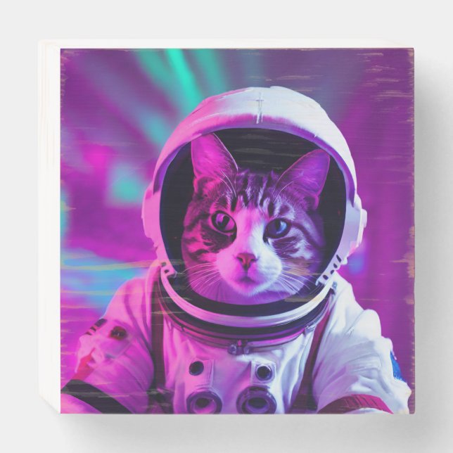 astronaut cat wooden box sign (Front Horizontal)