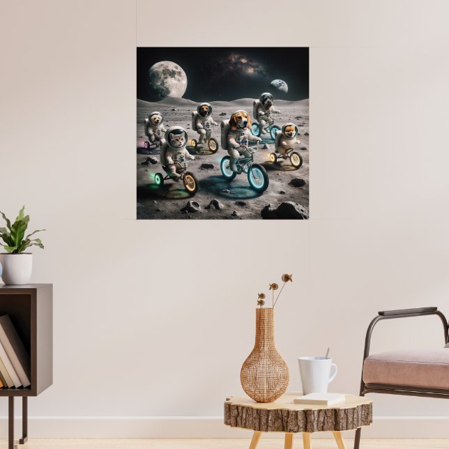 astronaut cats and dogs on moon poster (Living Room 3)