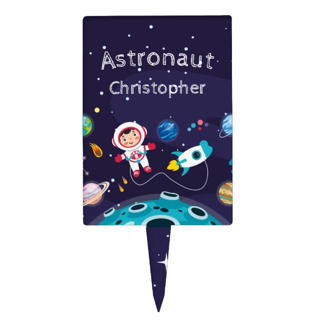 Astronaut child on the moon, monogrammed name cake topper (Front)