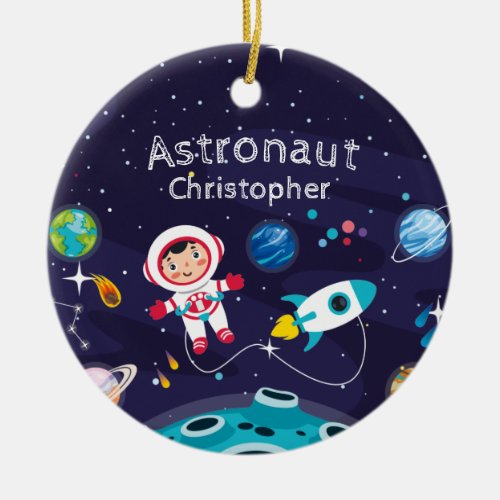  Astronaut child on the moon monogrammed name Ceramic Ornament