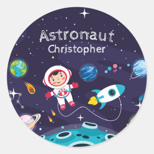 Astronaut child on the moon monogrammed name  classic round sticker