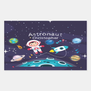 Astronaut child on the moon, monogrammed name rectangular sticker