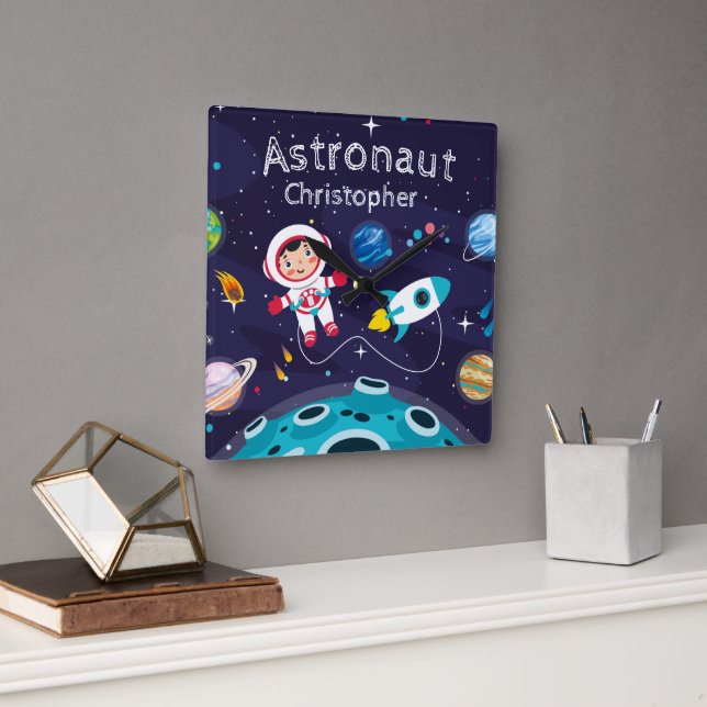 Astronaut child on the moon, monogrammed name square wall clock (Office)