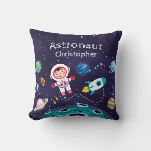 Astronaut child on the moon monogrammed name throw pillow