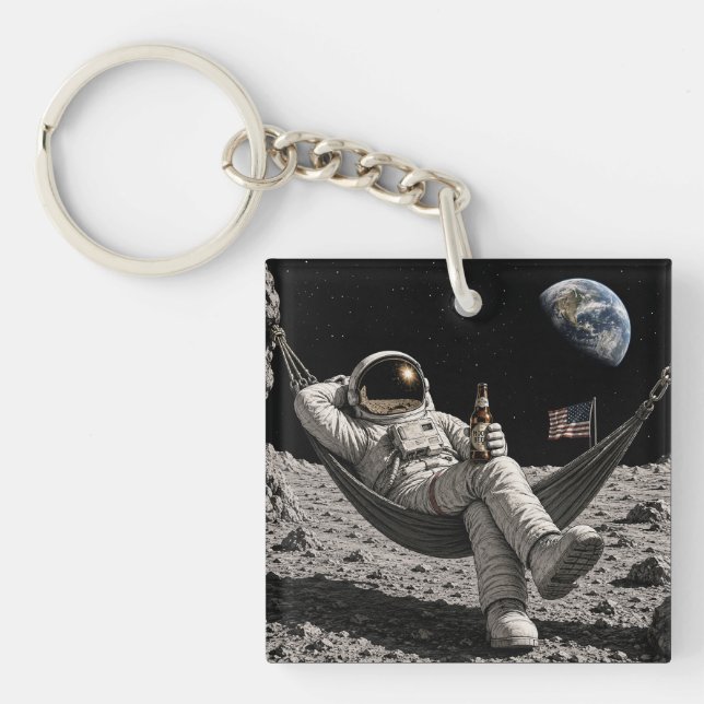 Astronaut Chilling with Beer on the Moon Keychain (Front)