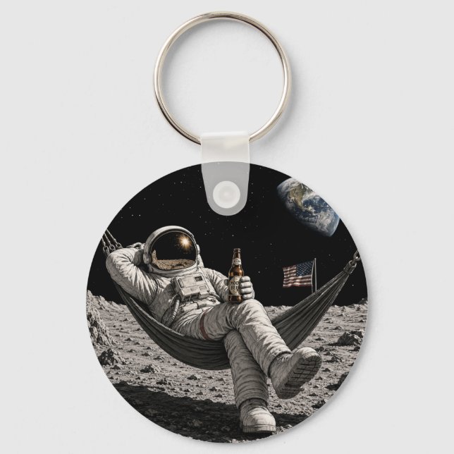 Astronaut Chilling with Beer on the Moon Keychain (Front)
