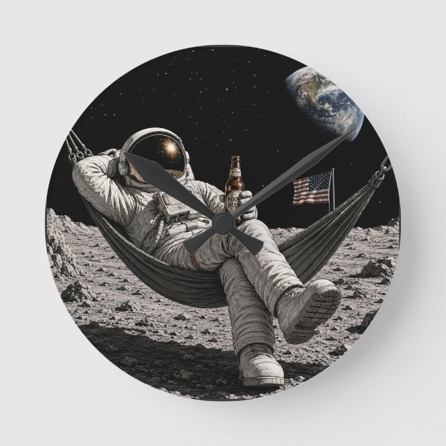 Astronaut Chilling with Beer on the Moon Round Clock (Front)