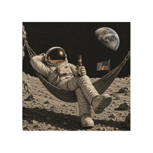 Astronaut Chilling with Beer on the Moon Wood Wall Art
