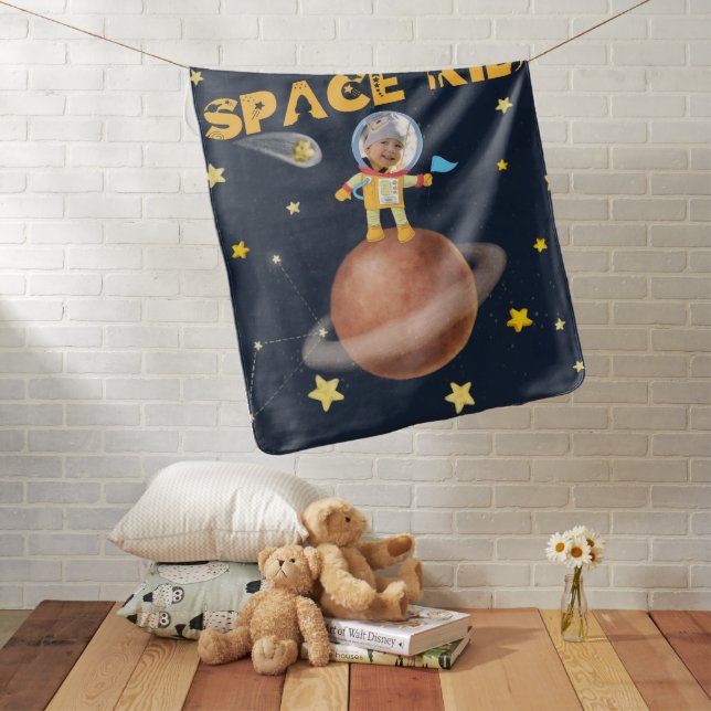 👨‍🚀 Astronaut cute Space theme Custom Photo Name Baby Blanket (In Situ)