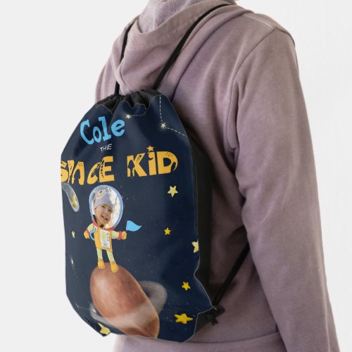  Astronaut cute Space theme Custom Photo Name Drawstring Bag