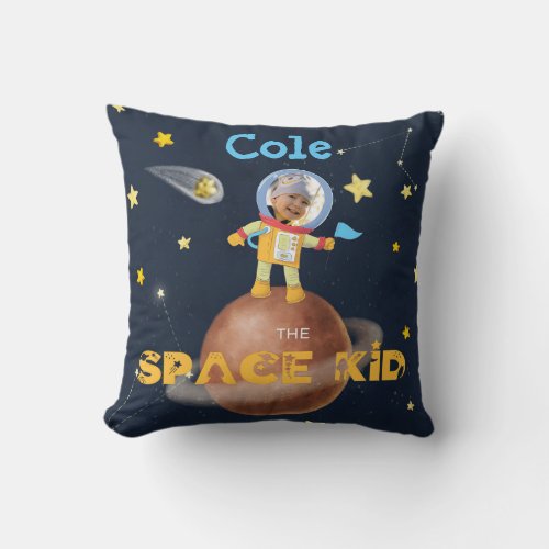  Astronaut cute Space theme Custom Photo Name Throw Pillow