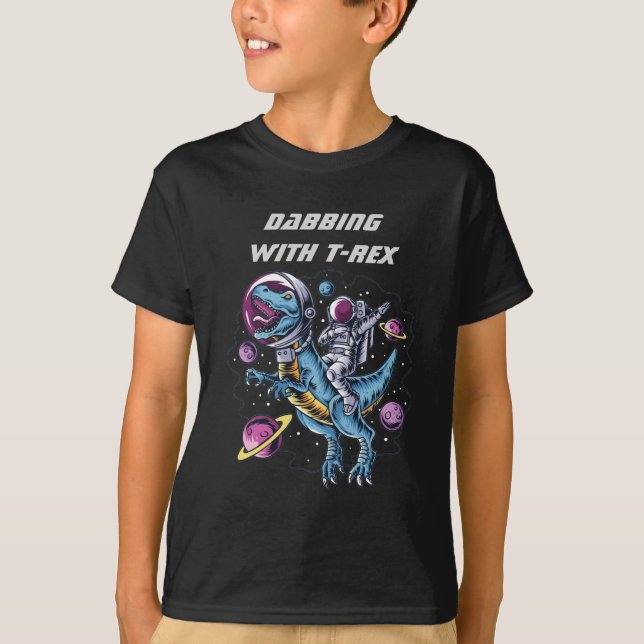 Astronaut Dabbing and Riding T-REX in Space T-Shirt (Front)
