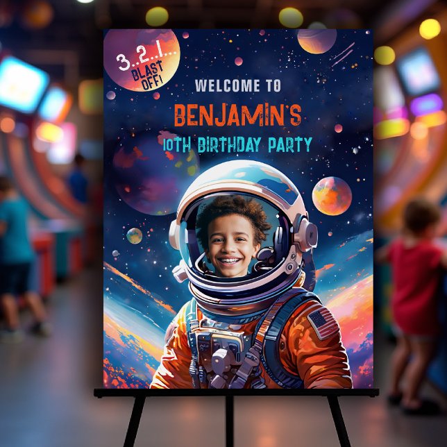 Astronaut Deep Space Planets Photo Party Welcome Foam Board (astronaut theme party for kids welcome sign planets galaxy sky personalized photo name)