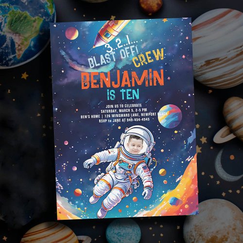 Astronaut Deep Space Rocket Planets Photo Birthday Invitation