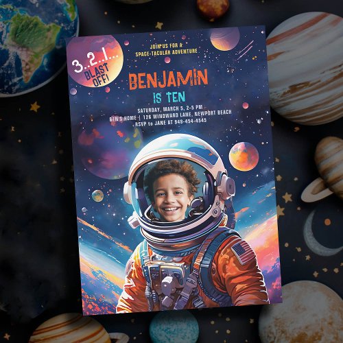 Astronaut Deep Space Sky Planets Photo Birthday Invitation