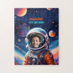 Astronaut Deep Space Sky Planets Photo Birthday Jigsaw Puzzle<br><div class="desc">Need birthday party ideas for your boy? This spectacular photo birthday party personalized gift puzzle for boys with an astronaut and space theme, featuring an illustration of an astronaut in deep space with a photo template on the visor, floating among planets, is just the ticket. Celebrate your budding astronaut with...</div>