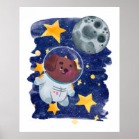 Astronaut Dog Watercolor Space Stars Planet Kids
