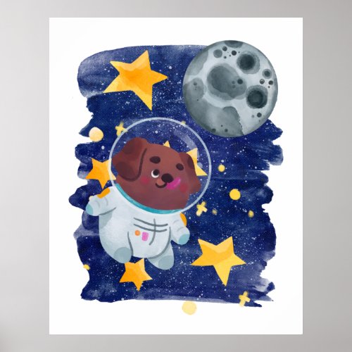Astronaut Dog Watercolor Space Stars Planet Kids  Poster