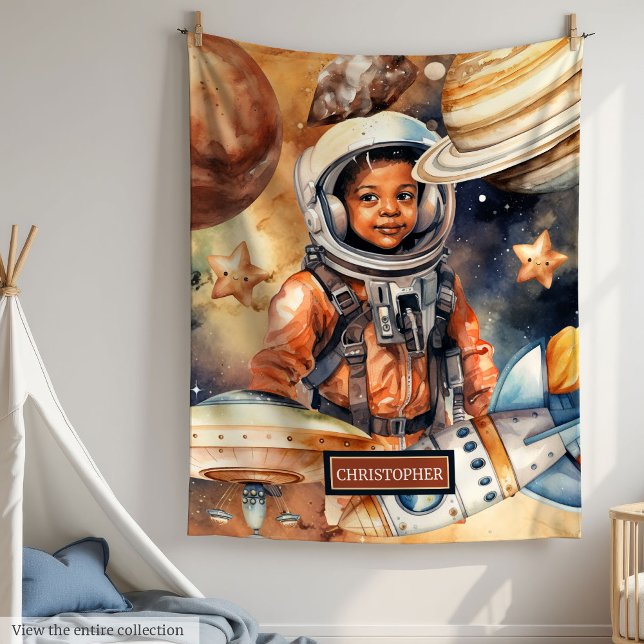 Astronaut Dreams Blanket Black Boy Watercolor Spac (Astronaut Dreams Blanket Black Boy Watercolor Space)