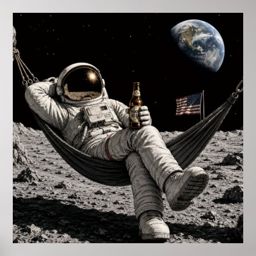 Astronaut drinking beer poster