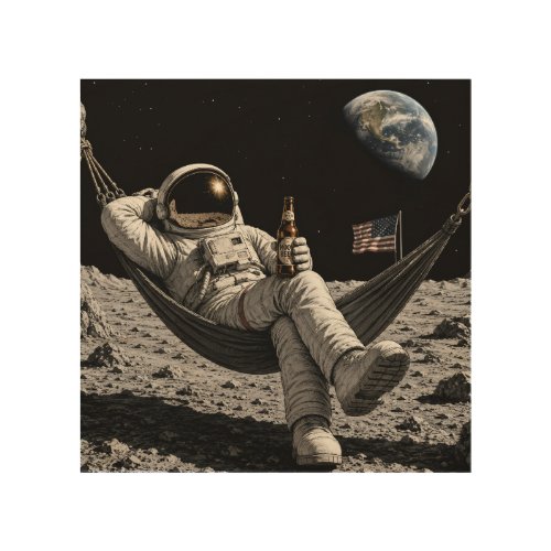 Astronaut drinking beer wood wall art