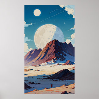 Astronaut Exploring a Vast Alien Desert under Twin Poster