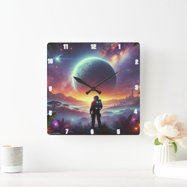Astronaut Exploring a Vibrant Alien Cosmic Wonder Square Wall Clock (Home)