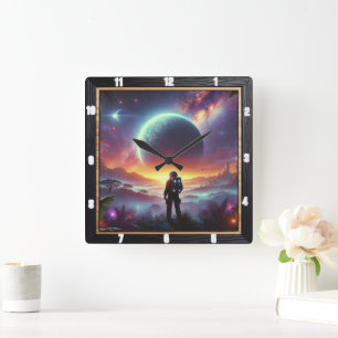 Astronaut Exploring a Vibrant Alien Landscape Square Wall Clock
