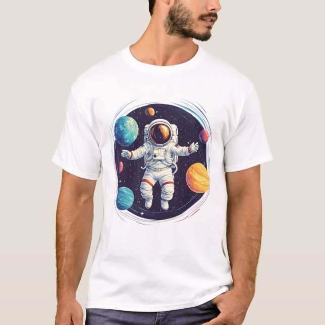Astronaut exploring colorful solar system T-Shirt (Front)