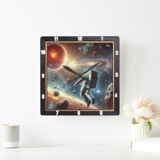 Astronaut Exploring Outer Space Distant Planet Square Wall Clock