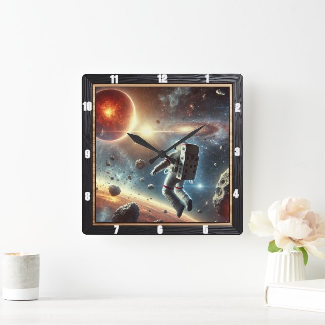 Astronaut Exploring Outer Space Distant Planet  Square Wall Clock (Home)