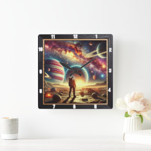 Astronaut Exploring Vibrant Galactic Scenery Square Wall Clock