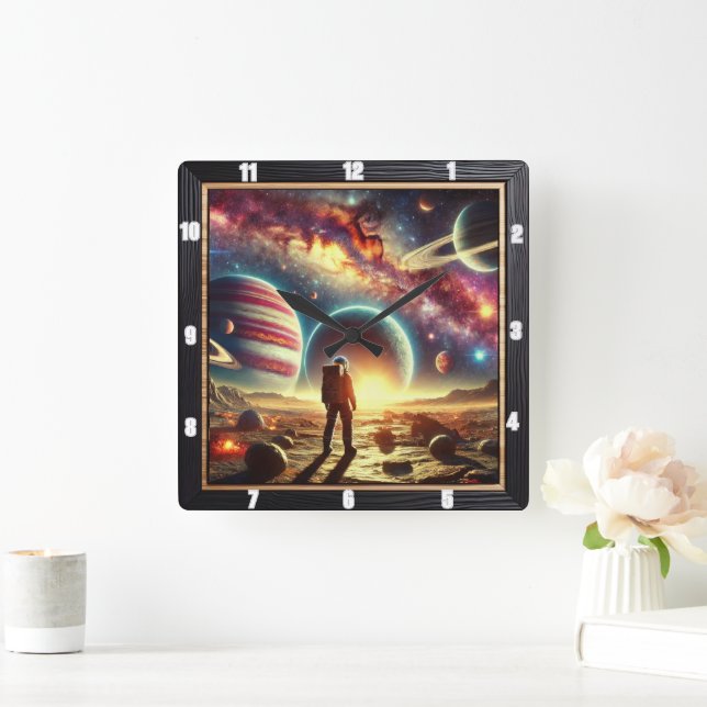 Astronaut Exploring Vibrant Galactic Scenery Square Wall Clock (Home)