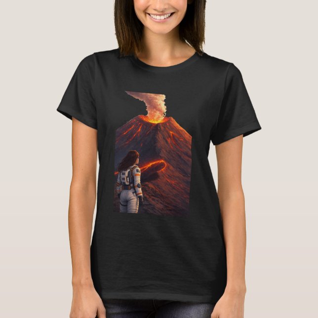 Astronaut Facing Erupting Volcano  T-Shirt (Front)