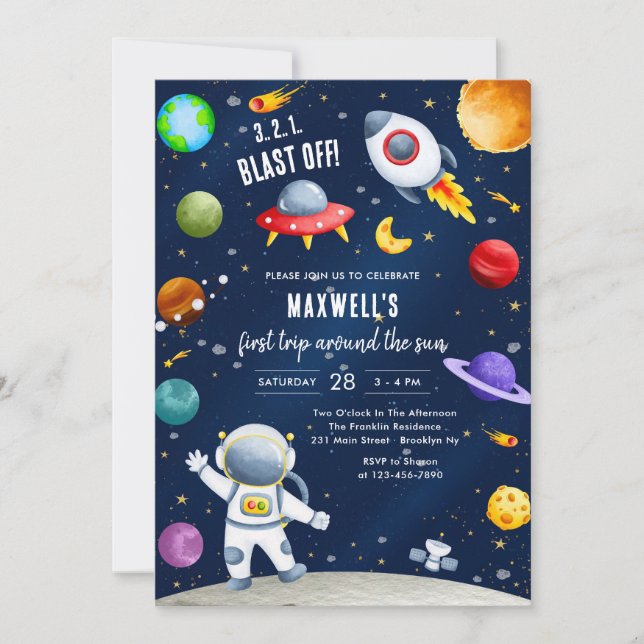 Astronaut First Trip Around the Sun 1st Birthday Invitation (Front)