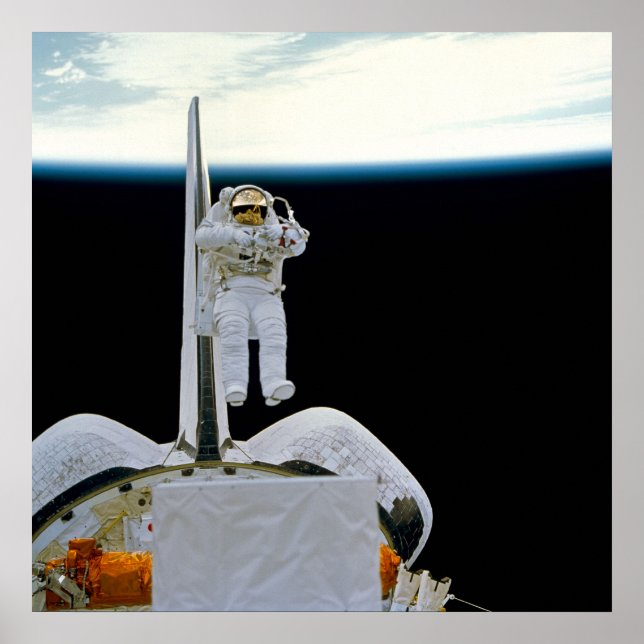 Astronaut Floating above Shuttle Discovery Poster (Front)