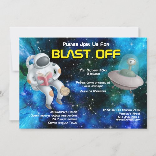 Astronaut floating in space alien UFO galaxy party Invitation