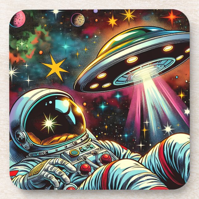 Astronaut Floating in Space with a UFO Ai  Art Beverage Coaster (Front)