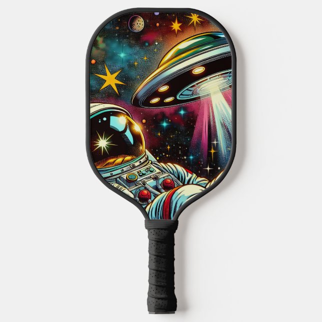 Astronaut Floating in Space with a UFO Ai Art Pickleball Paddle (Front)